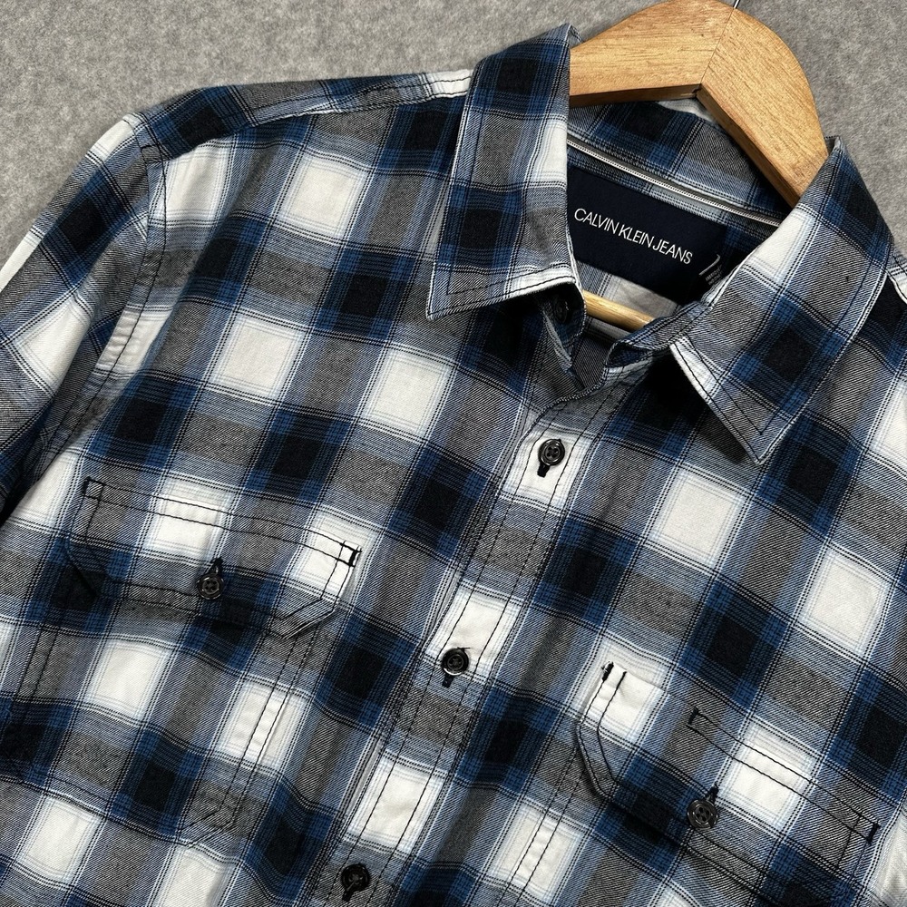Calvin Klein Jeans Mens Button‎ Up Plaid Shirt Blue Light Flannel Gravity Large